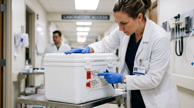 Compliance nurse inspecting labeling on a specimen collection cooler in a lab hallway
