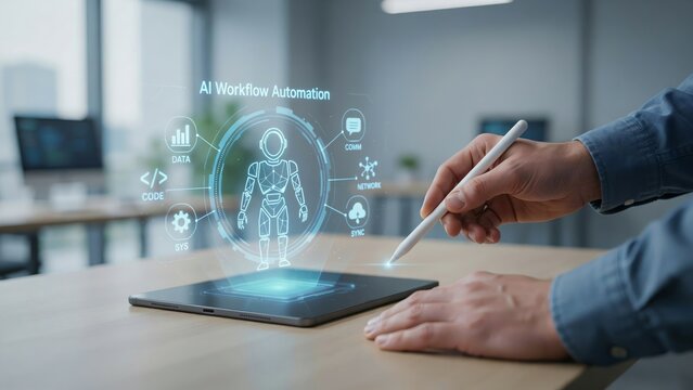 Ai workflow automation concept with holographic robot interface on digital tablet