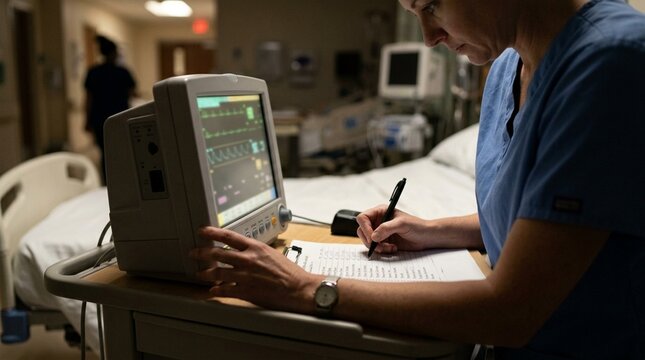 Nurse manager verifying a bedside monitor alarm test against a maintenance checklist