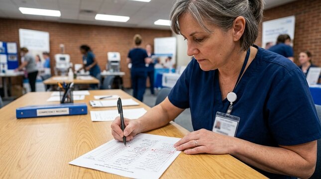 Nurse manager verifying a printed staff competency skills fair sign-in sheet