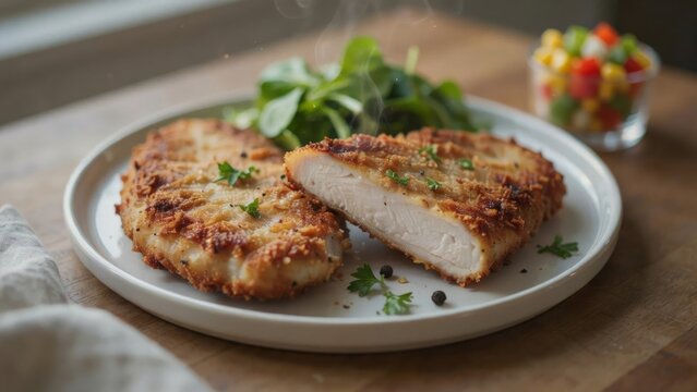 Crispy breaded chicken cutlet served with fresh green salad and vegetable side