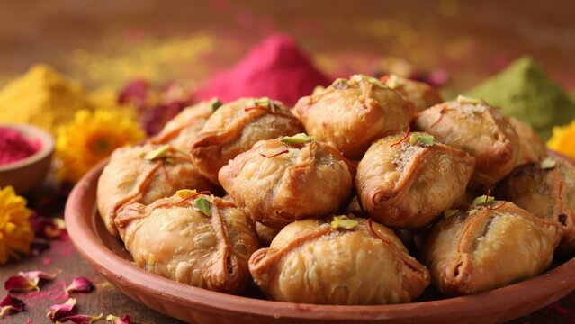 Traditional indian sweet gujiya served on a plate for holi festival celebration