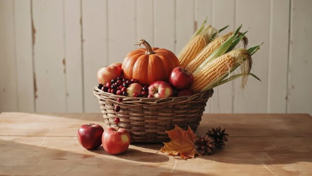 Autumn harvest basket with pumpkins, corn, apples, and pinecones on wooden table