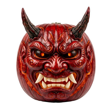 Scary Red Oni Demon Halloween Pumpkin Carving with Horns and Fangs