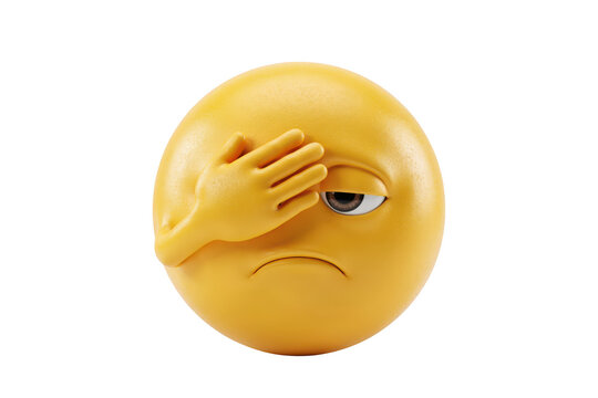 A3d yellow emoji face showing a disappointed expression with a hand covering its eyes, isolated on a solid black background, digital