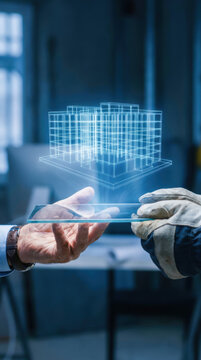 Construction planning business partnership, glass panel handoff in blue workspace with digital building model