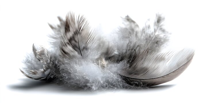 Soft gray and white bird feathers rest on a clean white background.