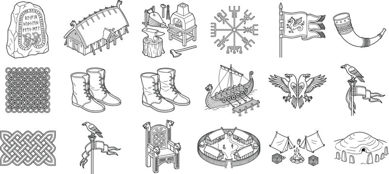 Viking Culture and Norse Heritage Line Icons Collection for History and Archaeology Projects