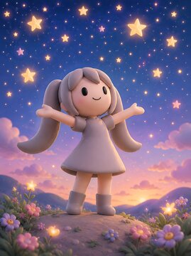 Cute 3D Clay Girl Reaching for Glowing Stars Under a Magical Night Sky