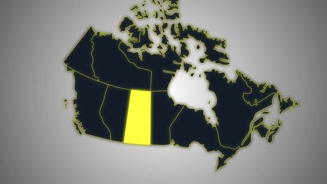 Animated glowing map of Saskatchewan, Canada, with a highlighted outline on a dark gray gradient background, ideal for geography, travel, news, and infographic projects.
