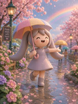 Cute 3D Clay Girl Walking with Rainbow Umbrella in Spring Rain and Cherry Blossoms