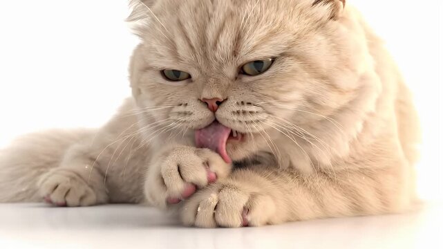 Fluffy cream-colored cat licking its paw while lying down on a clean white background