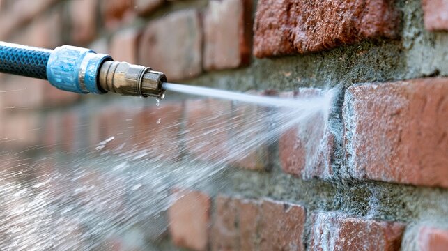 Precision water jet cleaning a rustic brick wall with a high-pressure nozzle spraying intense streams of water onto aged red bricks during daylight