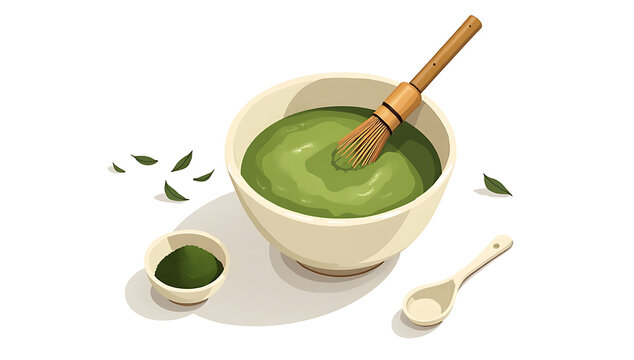 Matcha tea bowl with bamboo whisk. Green tea powder preparation for healthy lifestyle.
