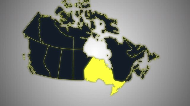 Animated glowing map of Ontario, Canada, with a highlighted outline on a dark gray gradient background, ideal for geography, travel, news, and infographic projects.