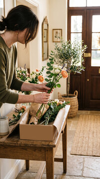 Florist arranging fresh flowers in a box for delivery