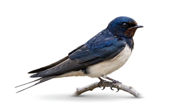 A beautiful barn swallow perched on a small wooden branch against a white background.