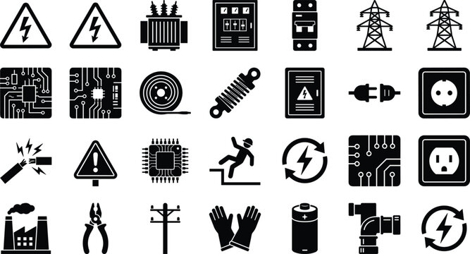 Solid black electrical engineering and workplace hazard safety vector icon set featuring circuit boards, high voltage towers,s transformer warning signs, pliers, rs and protective gloves
