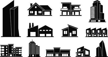 Fototapeta premium Real Estate and Building Silhouette Icon Set Featuring Modern Houses Skyscrapers Factories Residential Apartments and Office Complex Vectors for City Architecture Designs