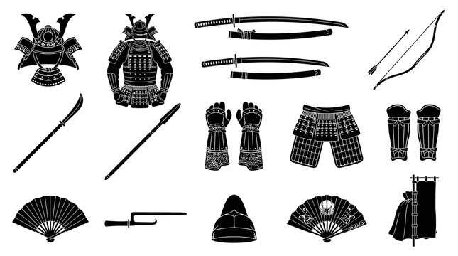 Traditional Japanese Samurai Warrior Armor, Weapons, and Accessories Black Silhouette Vector Icon Set