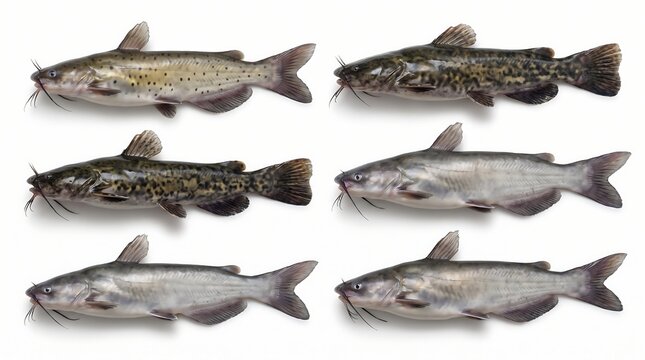 Collection of various catfish species isolated on a white background for educational purposes.