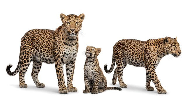 A family of leopards including an adult and a cub isolated on white background.