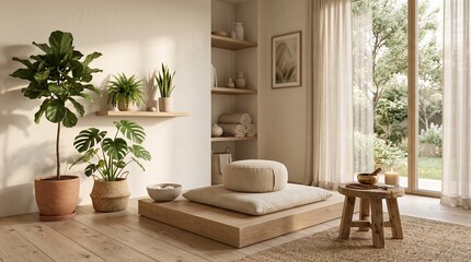 Fototapeta premium minimalist Scandinavian interior for wellness lifestyle premium spa aesthetic meditation room with indoor plants neutral colors
