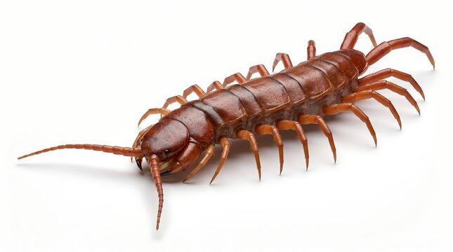 A close up view of a brown centipede isolated on a white background.