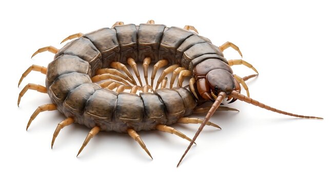 A close up view of a brown centipede curled into a circular shape on a white background.