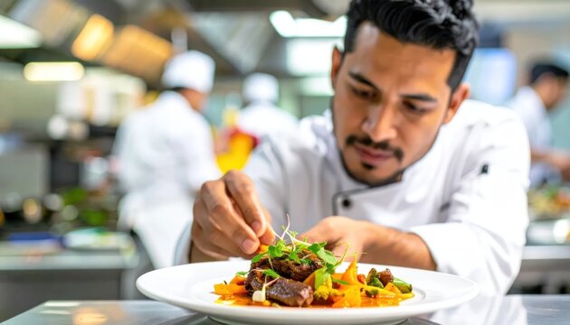 Chef carefully garnishes a dish in a professional kitchen, focused and attentive