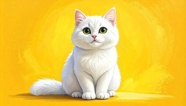Adorable, fluffy white cat with bright green eyes, set against a cheerful yellow backdrop