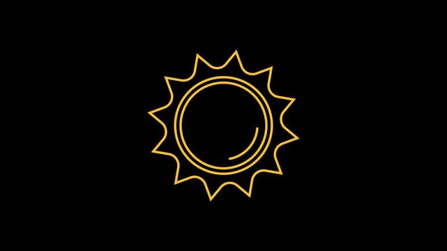 Animated sun cartoon icon with golden line art on dark black background. Suitable for logo design, packaging, or graphic illustrations.