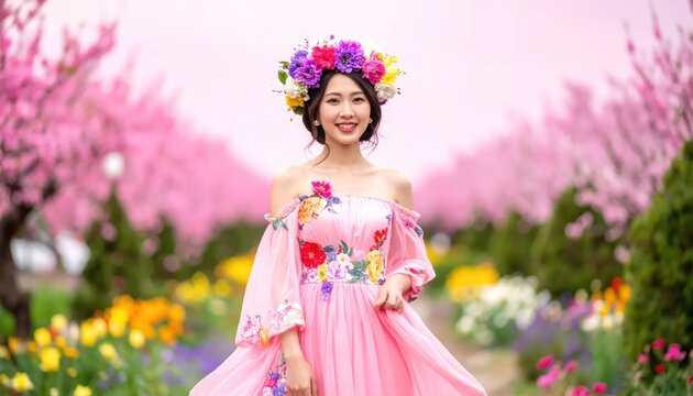 Smiling woman with floral crown and dress stands in a flower garden