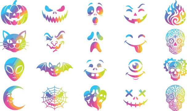 Set of colorful vector Halloween icons, pumpkin faces, skulls, spooky ghosts, and abstract symbols on white