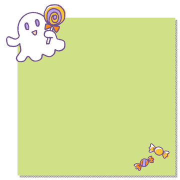 A design for yellow-green sticky notes featuring an illustration of a cute ghost holding a piece of candy