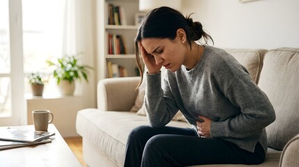 Fototapeta premium Young Woman Suffering from Severe Stomachache and Abdominal Pain on Sofa