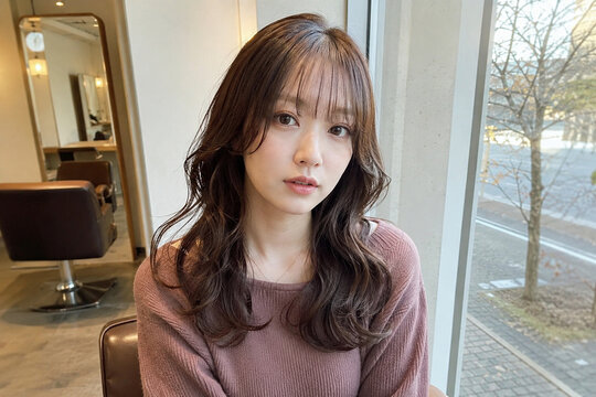 美容室で正面を向くウェーブヘアの女性