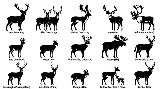 Wildlife Animal Deer Species Black and White Silhouettes Vector Icons Chart. Different Types of Antlered Mammals Guide.