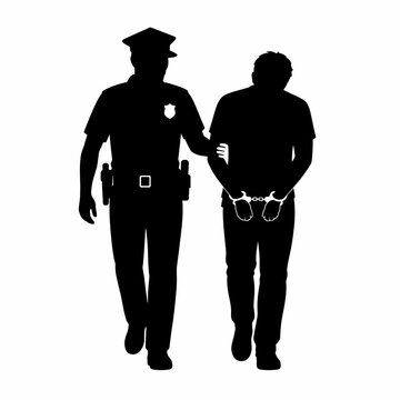 Police Officer Escorting Handcuffed Suspect Black Silhouette Icon Isolated on White Background for Custody, Detention, Crime and Law Enforcement Concept