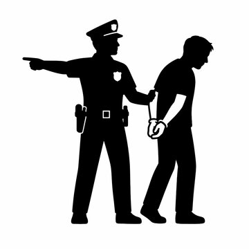 Police Officer Directing Handcuffed Suspect Black Silhouette Icon Isolated on White Background for Detention, Custody, Security and Law Enforcement Concept