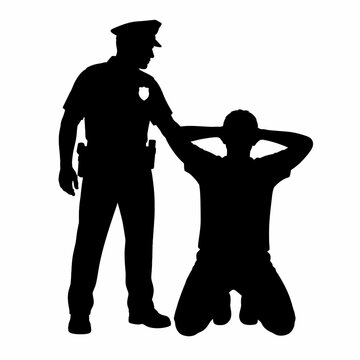 Police Officer Guarding Kneeling Suspect with Hands Behind Head Black Silhouette Icon Isolated on White Background for Surrender and Arrest Concept