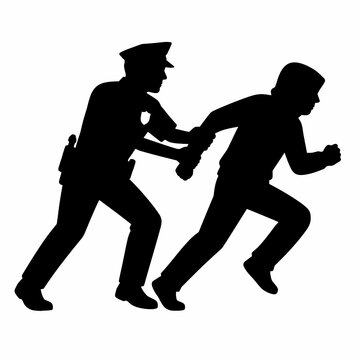 Police Officer Catching Fleeing Suspect Black Silhouette Icon Isolated on White Background for Pursuit, Arrest, Crime Prevention and Law Enforcement Concept