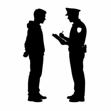 Police Officer Questioning Suspect with Clipboard Black Silhouette Icon Isolated on White Background for Investigation, Interrogation and Law Enforcement Concept