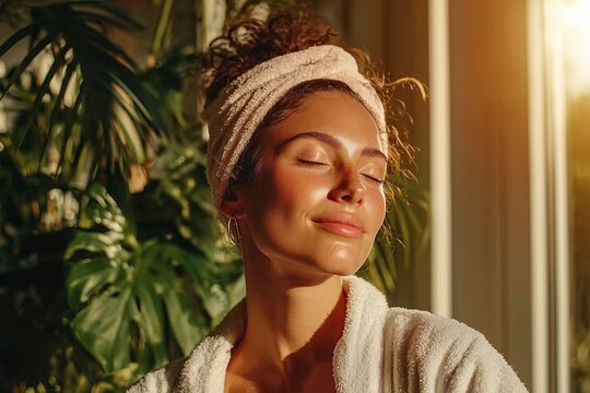 Woman in a bathrobe and towel turban relaxing in warm sunlight near indoor plants