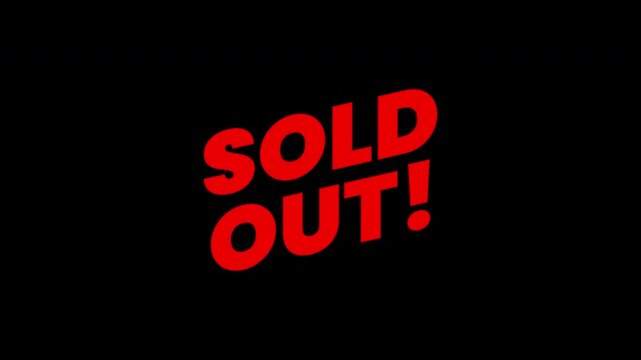 Sold out stamp red block letters stating sold out against simple black background. Suitable for ecommerce websites, retail promotions, and social media posts.