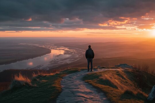 Lone person overlooking a winding river at sunset beneath dramatic clouds