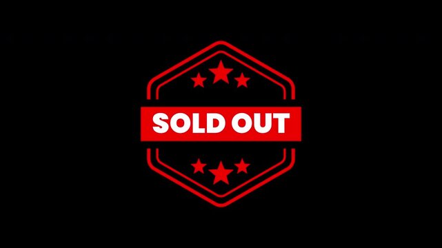 Sold out stamp badge with bright star shapes on black background. Suitable for promotion banners, websites, or social media posts.