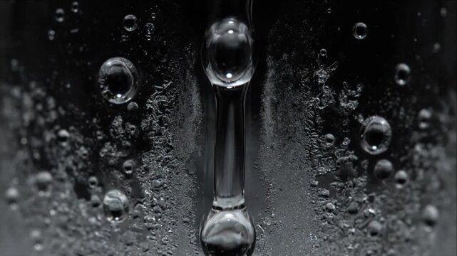 Sparkling water bubble texture flows over ice tall glass with dark background creating abstract closeup texture and dynamic motion detail minimal clean macro liquid flow motion detail background