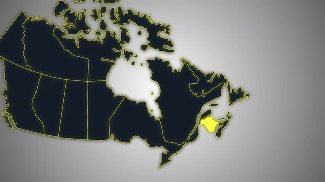 Animated glowing map of New Brunswick, Canada, with a highlighted outline on a dark gray gradient background, ideal for geography, travel, news, and infographic projects.