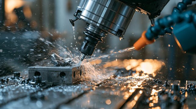 Industrial CNC milling machine cutting metal with coolant spray and flying sparks in factory. Advanced manufacturing concept for industrial production ads.
